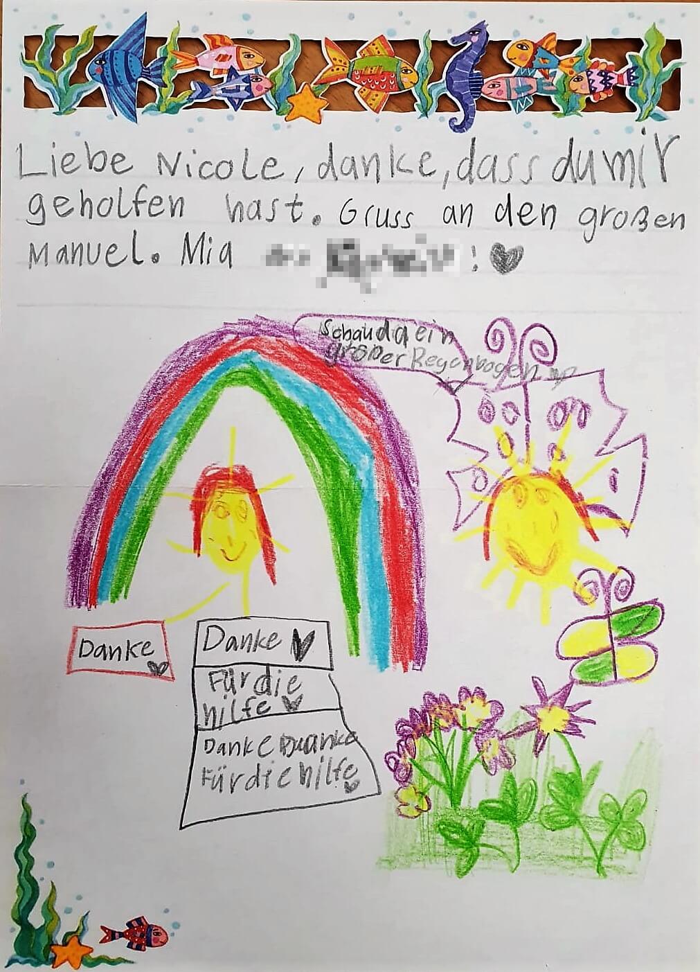 Mit diesem selbst gemalten Bild hat sich die kleine Mia bei ihren Rettern Nicole und Manuel für deren Hilfe bedankt. (Foto: Nicole Riegler)