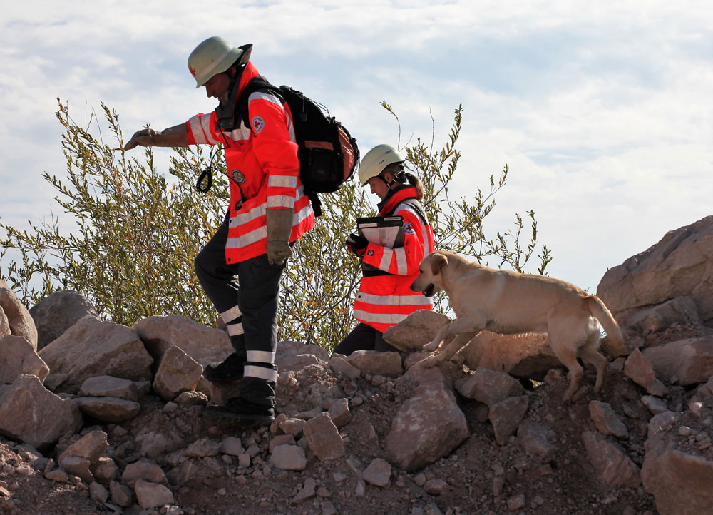 Mensch und Tier müssen bei der „Trümmerprüfung“ der BRK-Rettungshundestaffeln in einem Steinbruch innerhalb von 20 Minuten drei Verletzte finden (Foto: Michael Will / BRK)